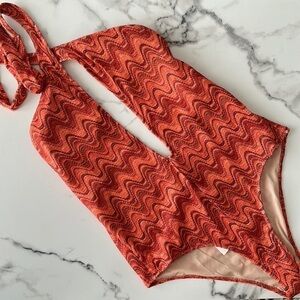 NEW Zara Retro Wave Print One Piece Halter Swimsuit Bodysuit 2856/228